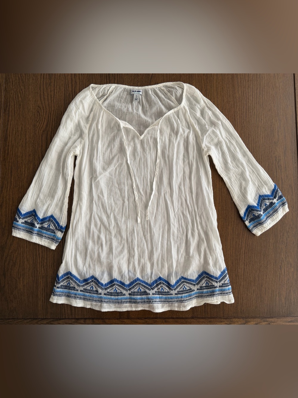 Old Navy White Swim Coverup Tunic with Blue Embroidered Hem and Sleeves